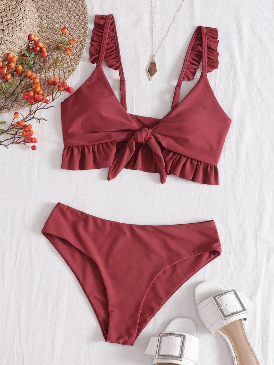 CM-SWS611984 Women Trendy Seoul Style Knot Front Ruffle Bikini Swimsuit