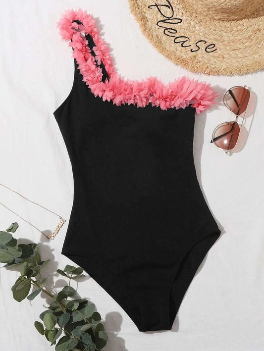 CM-SWS611719 Women Trendy Seoul Style Appliques One Shoulder One Piece Swimsuit - Black