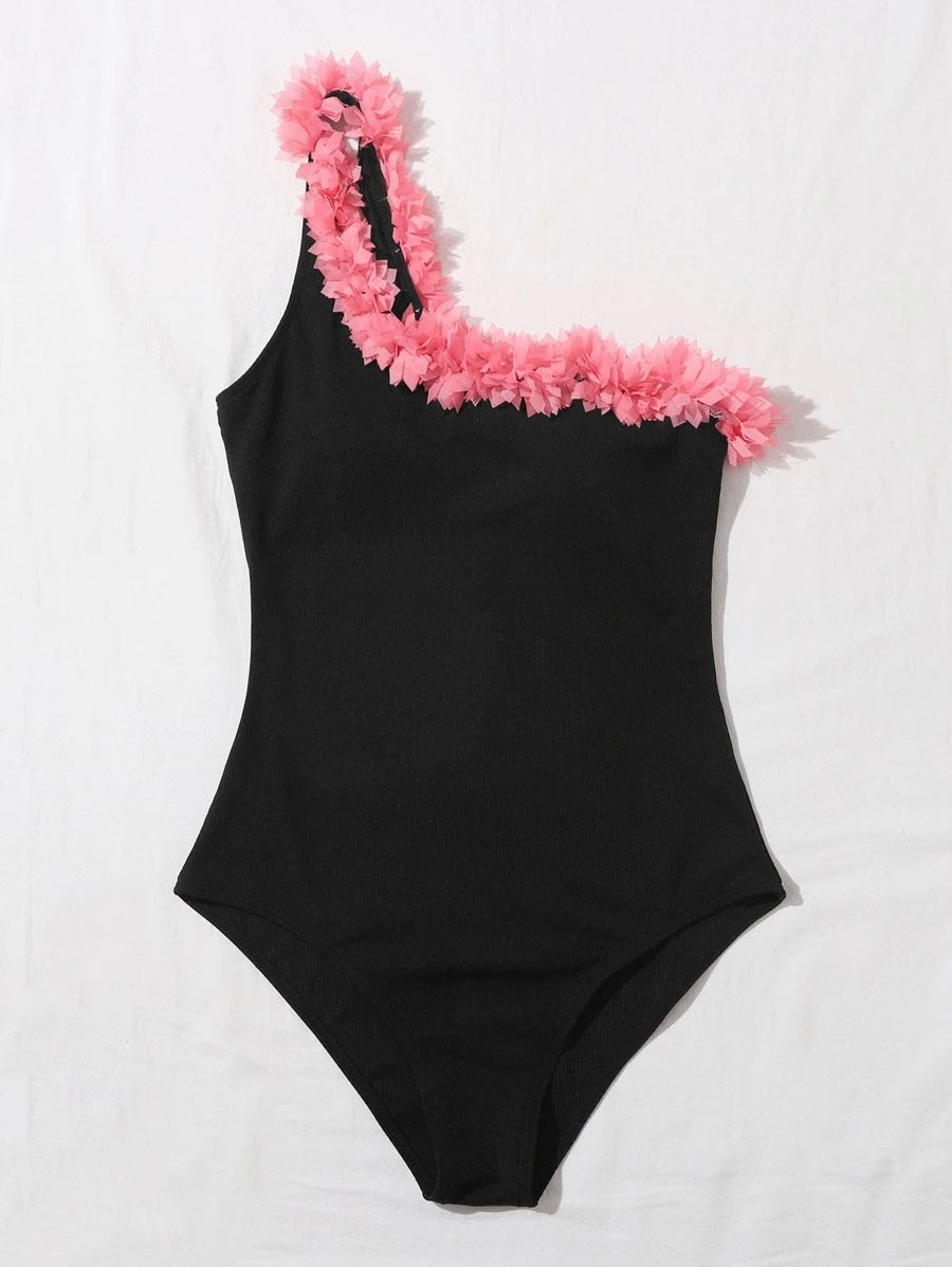 CM-SWS611719 Women Trendy Seoul Style Appliques One Shoulder One Piece Swimsuit - Black