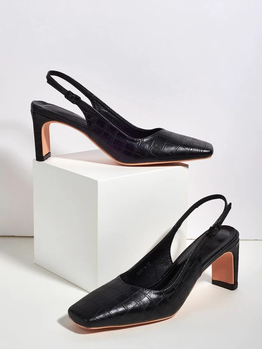 CM-SHS612505 Women Casual Seoul Style Croc Embossed Chunky Slingback Pumps - Black