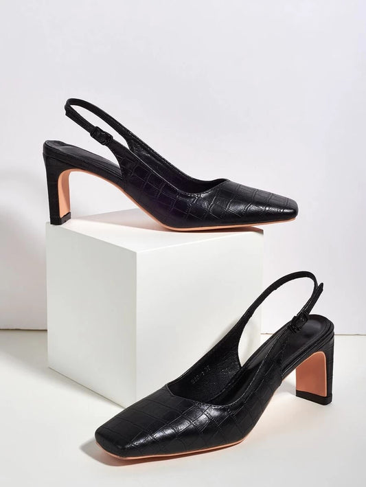 CM-SHS612505 Women Casual Seoul Style Croc Embossed Chunky Slingback Pumps - Black