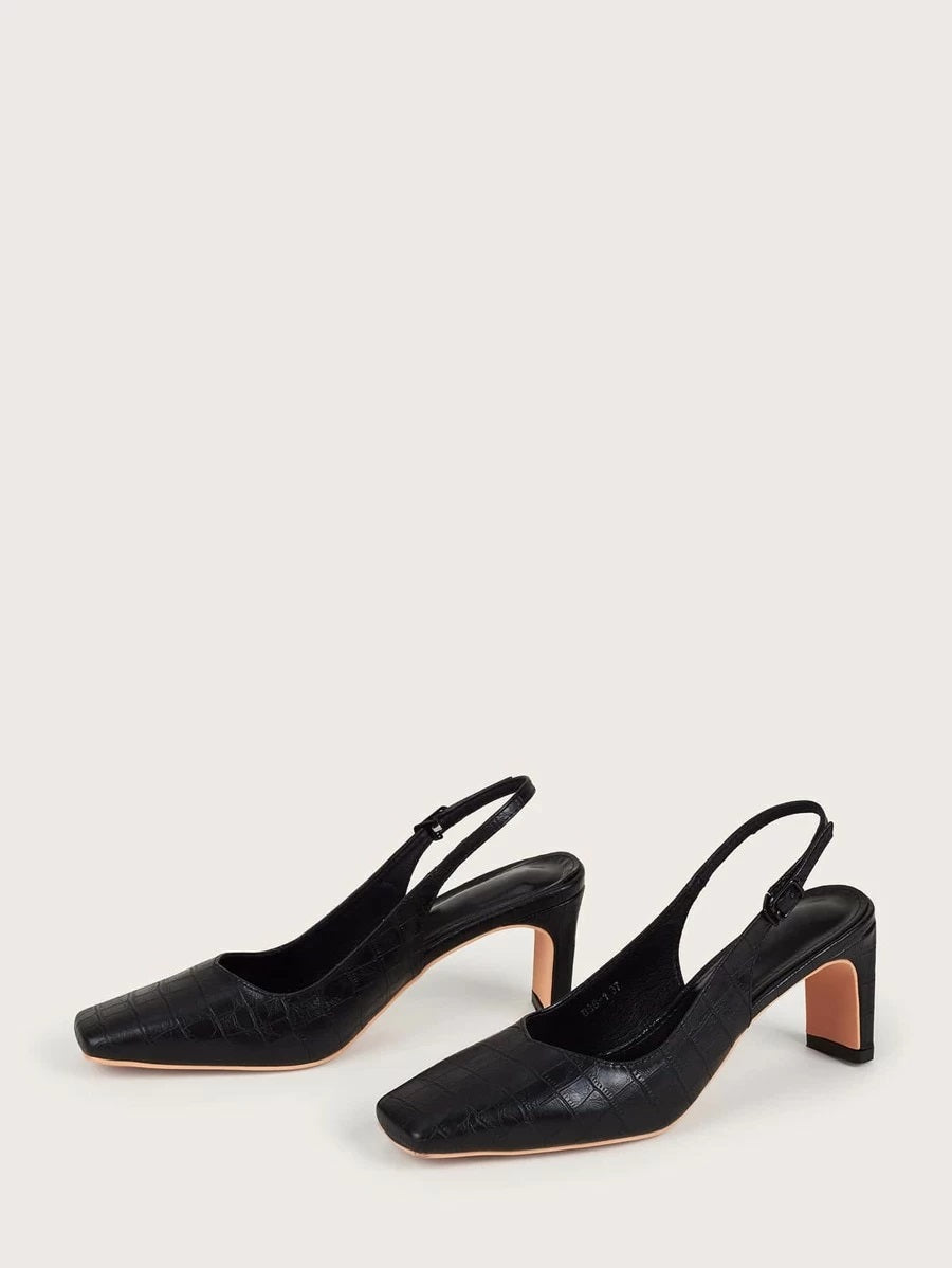 CM-SHS612505 Women Casual Seoul Style Croc Embossed Chunky Slingback Pumps - Black