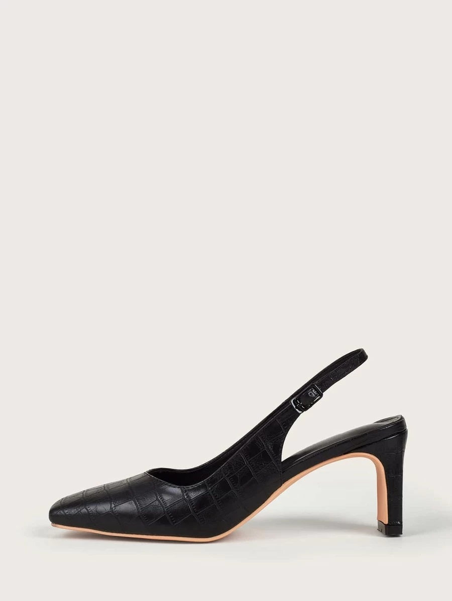 CM-SHS612505 Women Casual Seoul Style Croc Embossed Chunky Slingback Pumps - Black