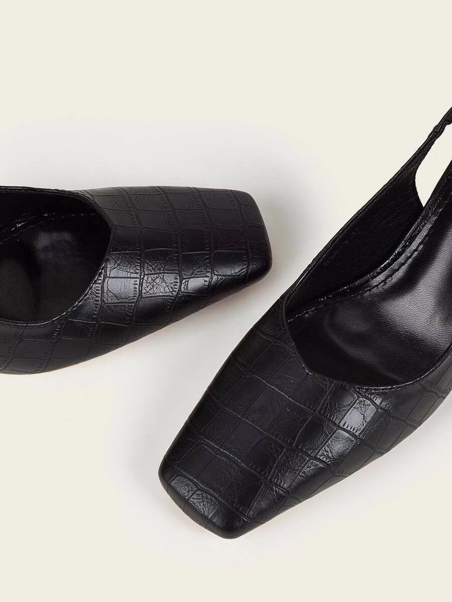 CM-SHS612505 Women Casual Seoul Style Croc Embossed Chunky Slingback Pumps - Black