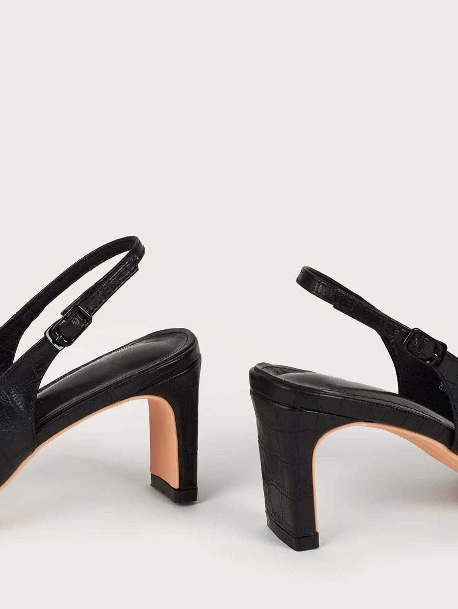 CM-SHS612505 Women Casual Seoul Style Croc Embossed Chunky Slingback Pumps - Black