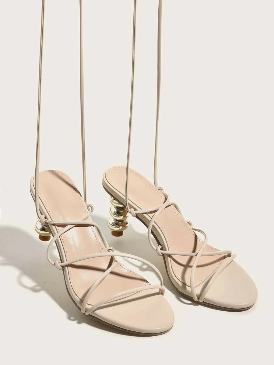 CM-SHS612172 Women Elegant Seoul Style Cross Strap Tie Leg Heeled Sandals - Apricot