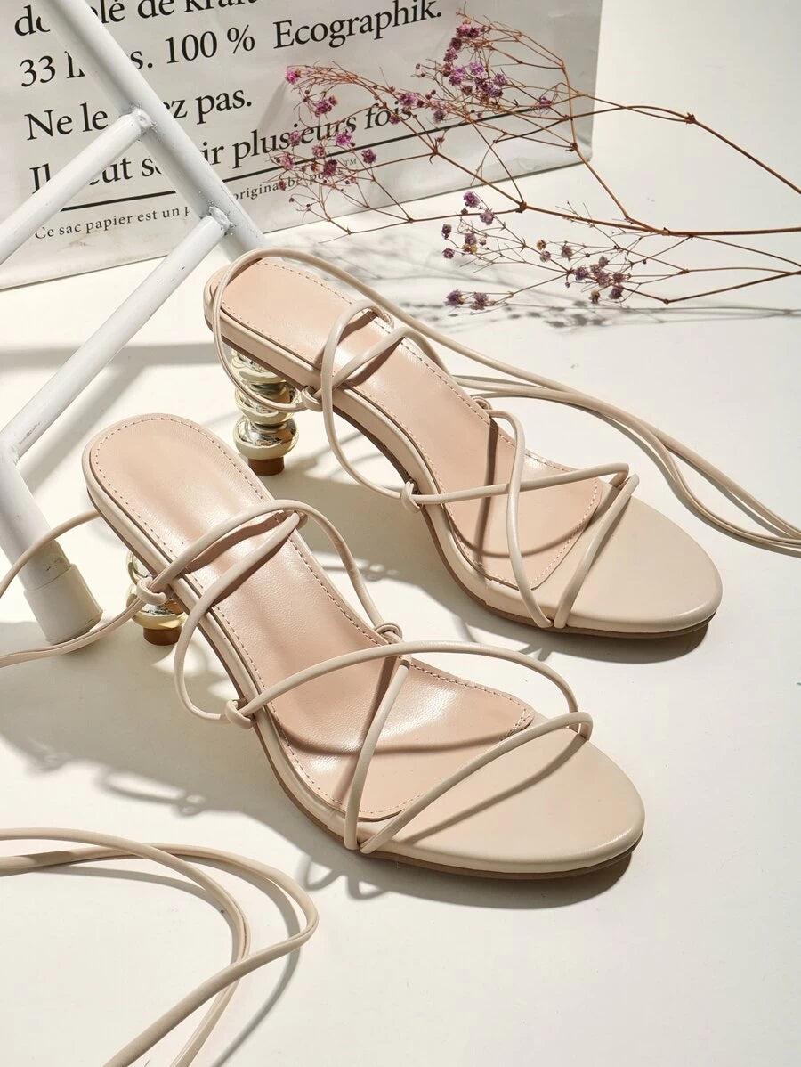 CM-SHS612172 Women Elegant Seoul Style Cross Strap Tie Leg Heeled Sandals - Apricot