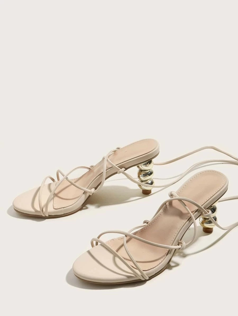 CM-SHS612172 Women Elegant Seoul Style Cross Strap Tie Leg Heeled Sandals - Apricot