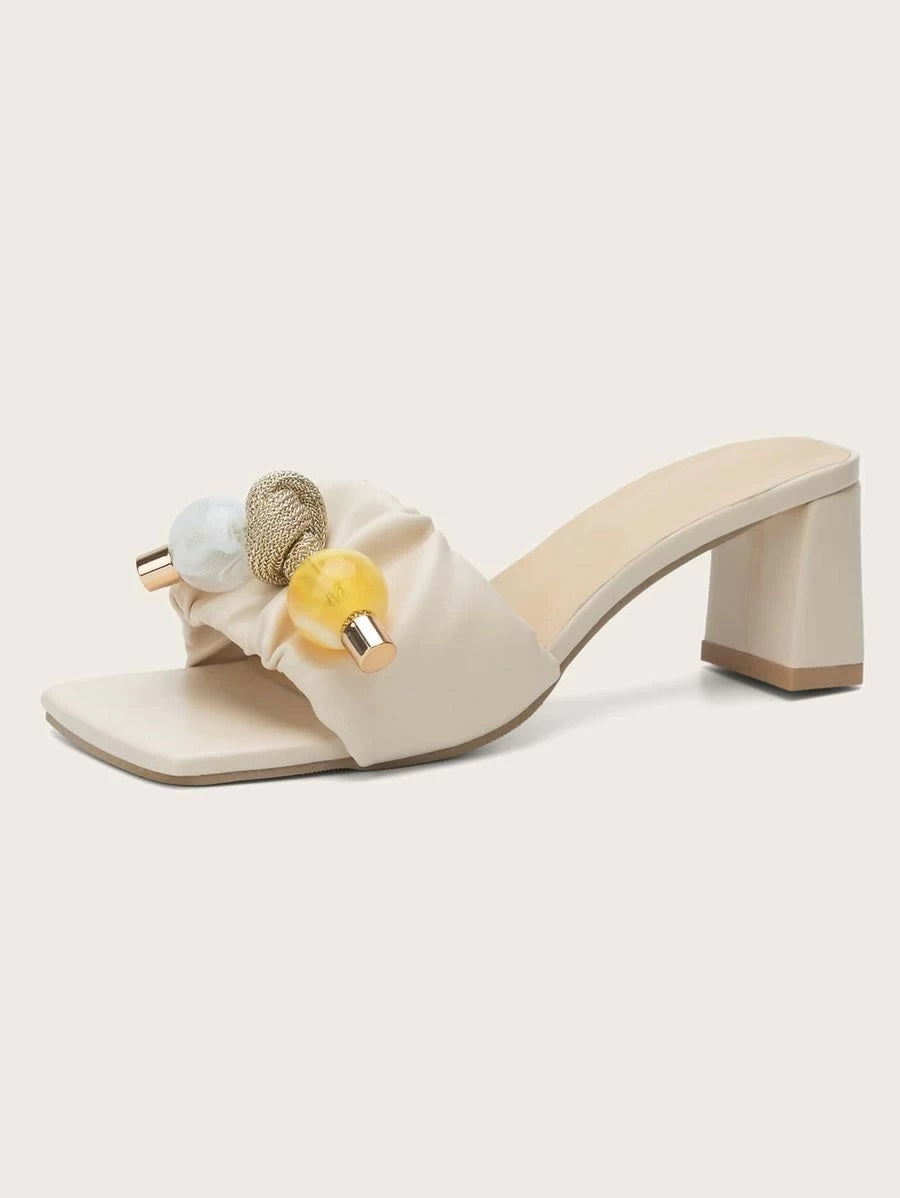 CM-SHS612037 Women Casual Seoul Style Beaded Decor Chunky Heeled Sandal Mules - Beige