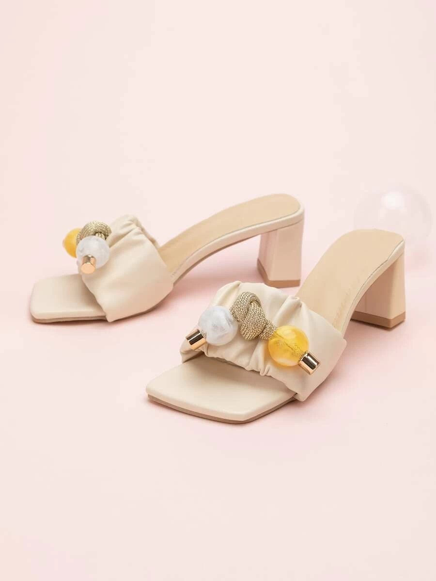 CM-SHS612037 Women Casual Seoul Style Beaded Decor Chunky Heeled Sandal Mules - Beige