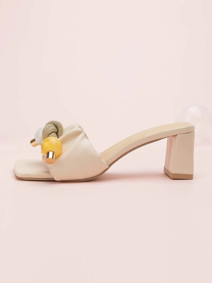 CM-SHS612037 Women Casual Seoul Style Beaded Decor Chunky Heeled Sandal Mules - Beige