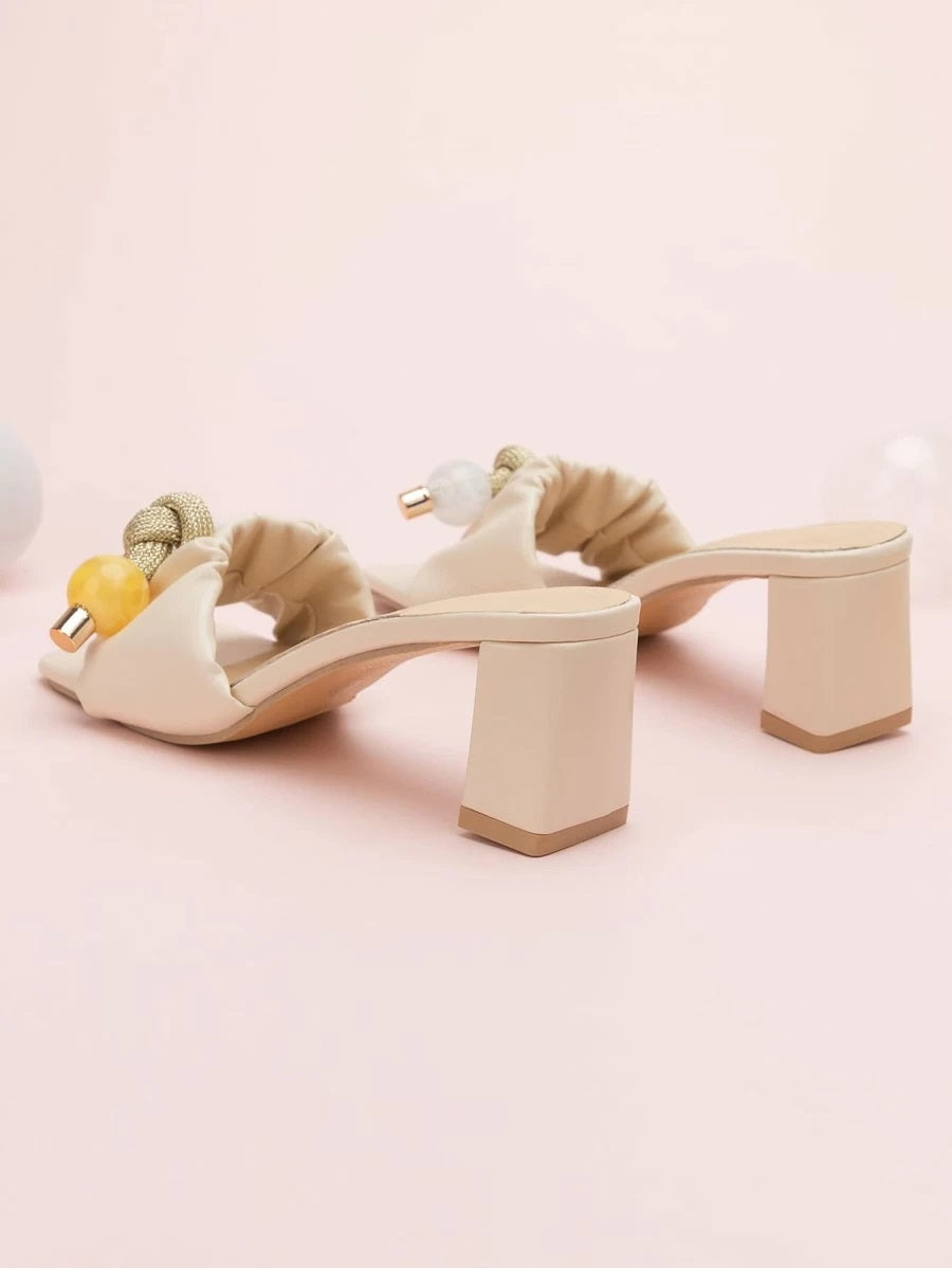 CM-SHS612037 Women Casual Seoul Style Beaded Decor Chunky Heeled Sandal Mules - Beige