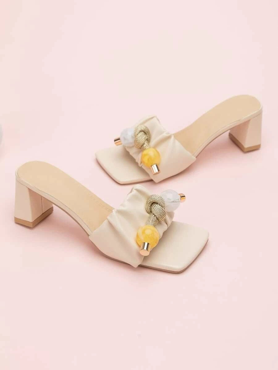 CM-SHS612037 Women Casual Seoul Style Beaded Decor Chunky Heeled Sandal Mules - Beige