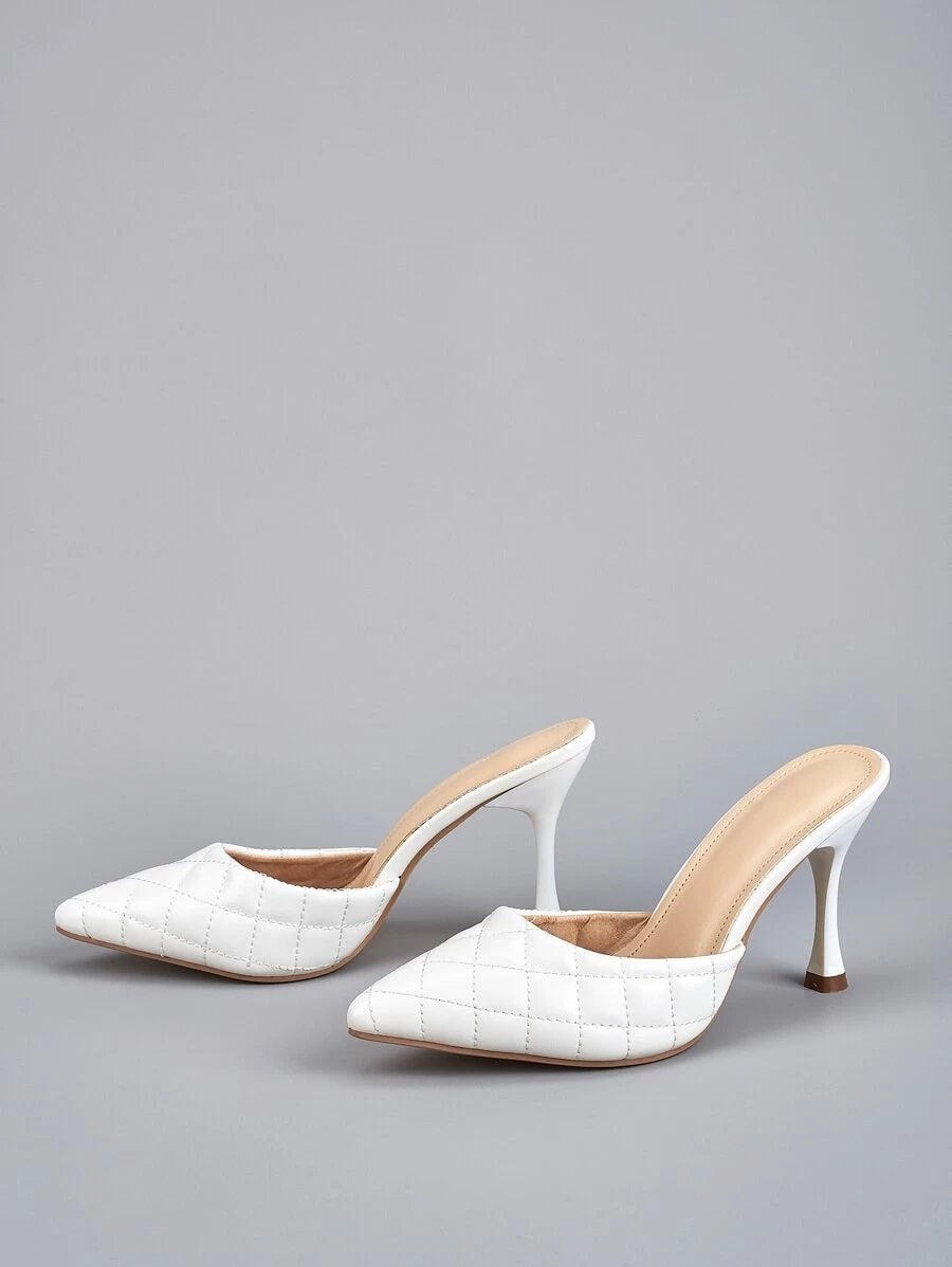 CM-SHS612614 Women Casual Seoul Style Quilted Point Toe Heeled Mules - White