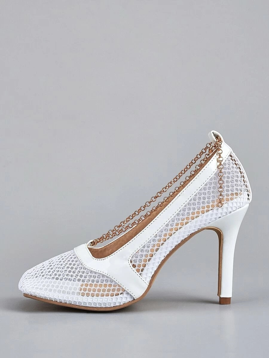 CM-SHS612495 Women Elegant Seoul Style Square Toe Chain Decor Mesh Pumps - White