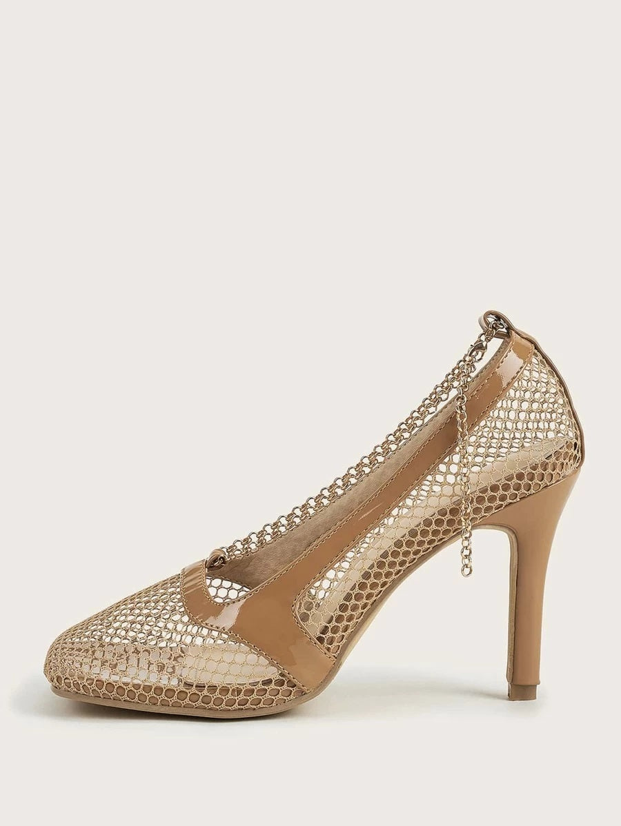 CM-SHS612605 Women Elegant Seoul Style Square Toe Chain Decor Mesh Pumps - Apricot