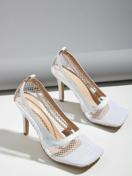 CM-SHS612495 Women Elegant Seoul Style Square Toe Chain Decor Mesh Pumps - White