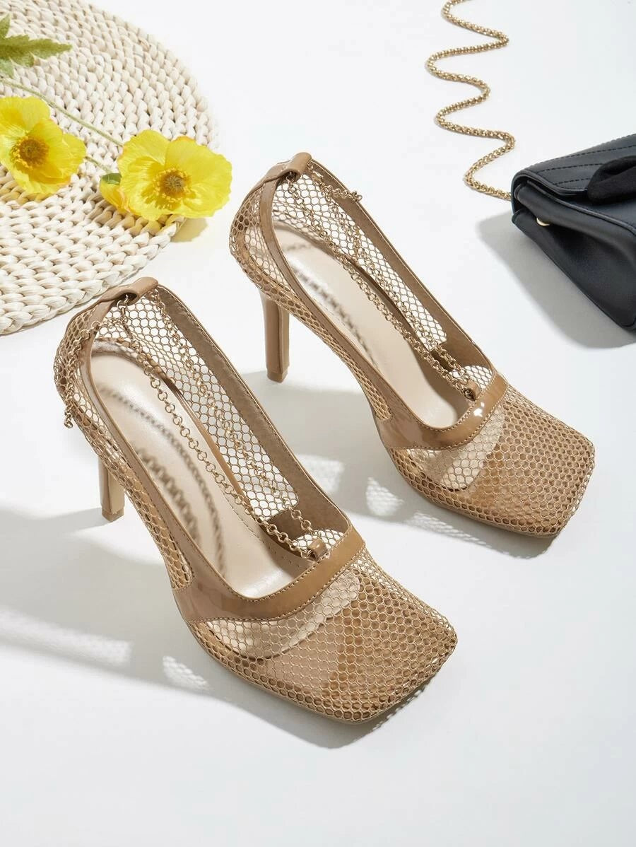 CM-SHS612605 Women Elegant Seoul Style Square Toe Chain Decor Mesh Pumps - Apricot