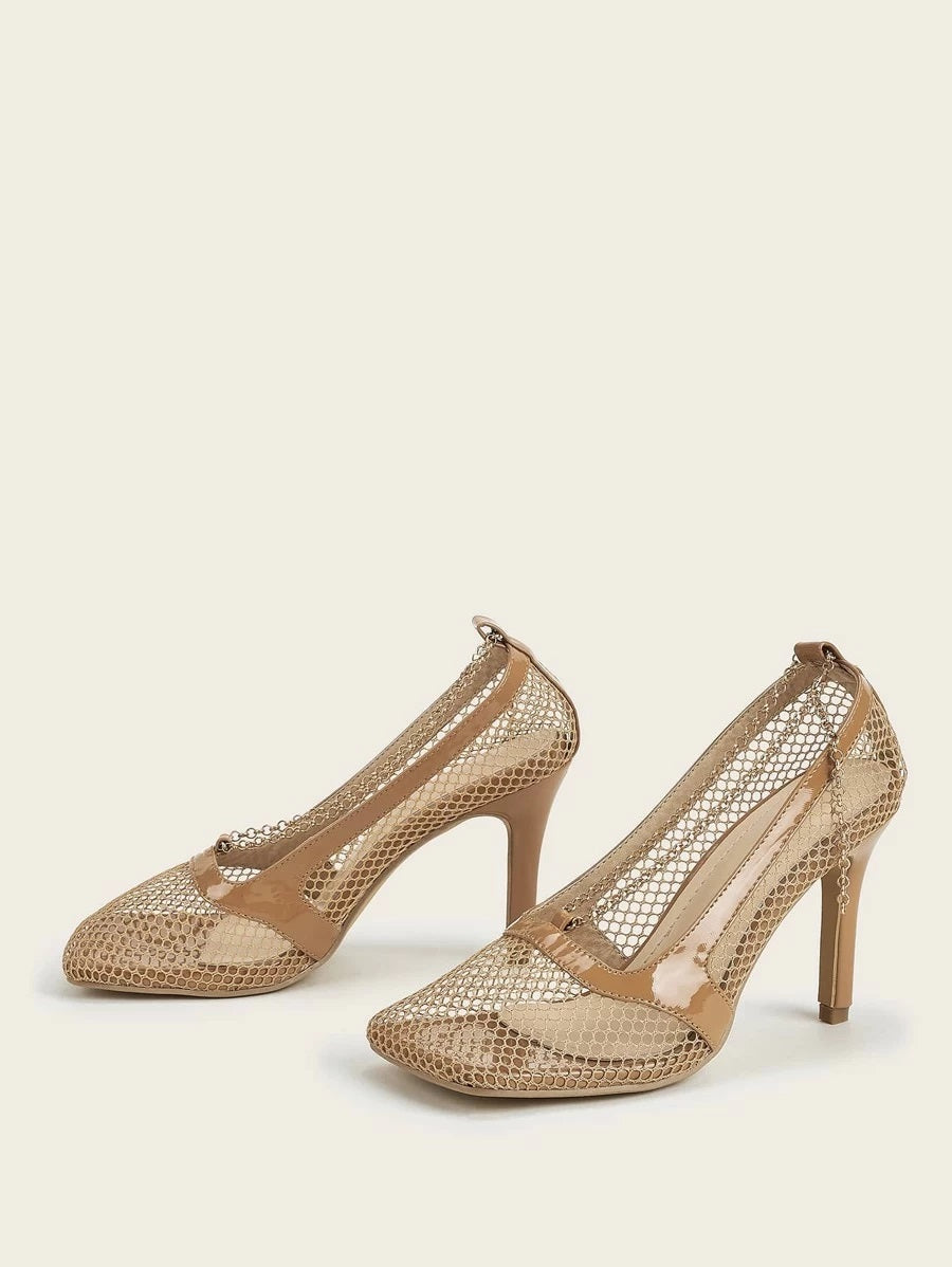 CM-SHS612605 Women Elegant Seoul Style Square Toe Chain Decor Mesh Pumps - Apricot