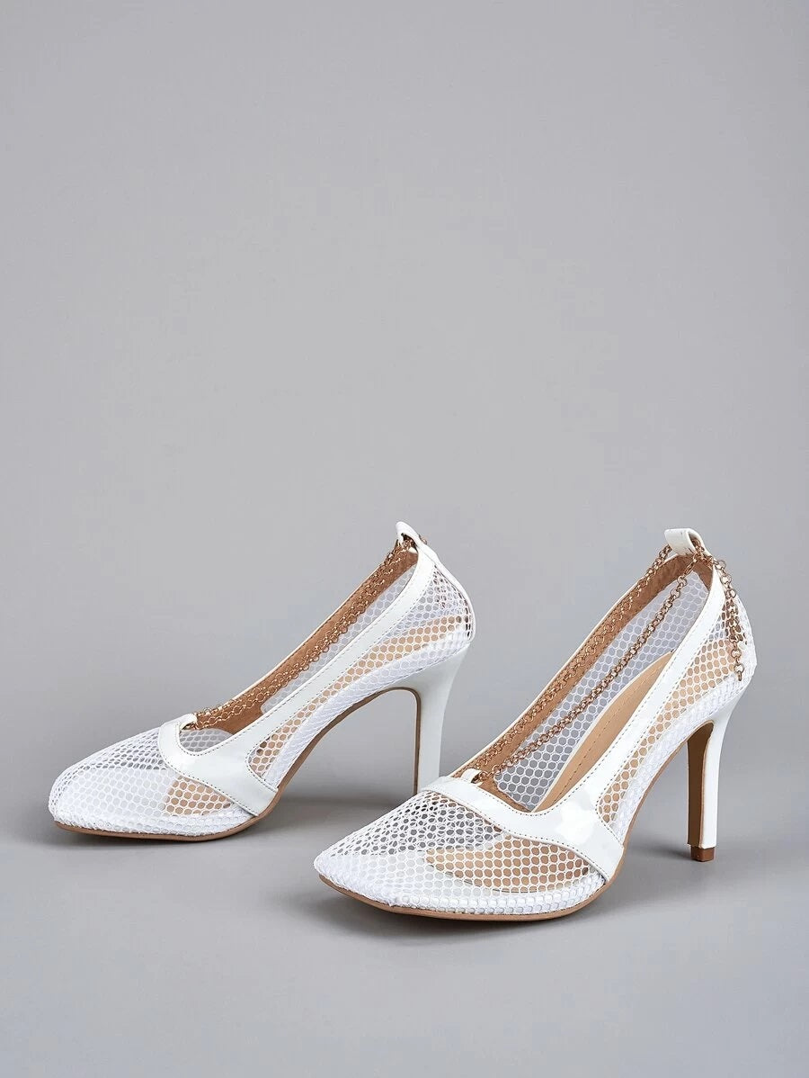 CM-SHS612495 Women Elegant Seoul Style Square Toe Chain Decor Mesh Pumps - White