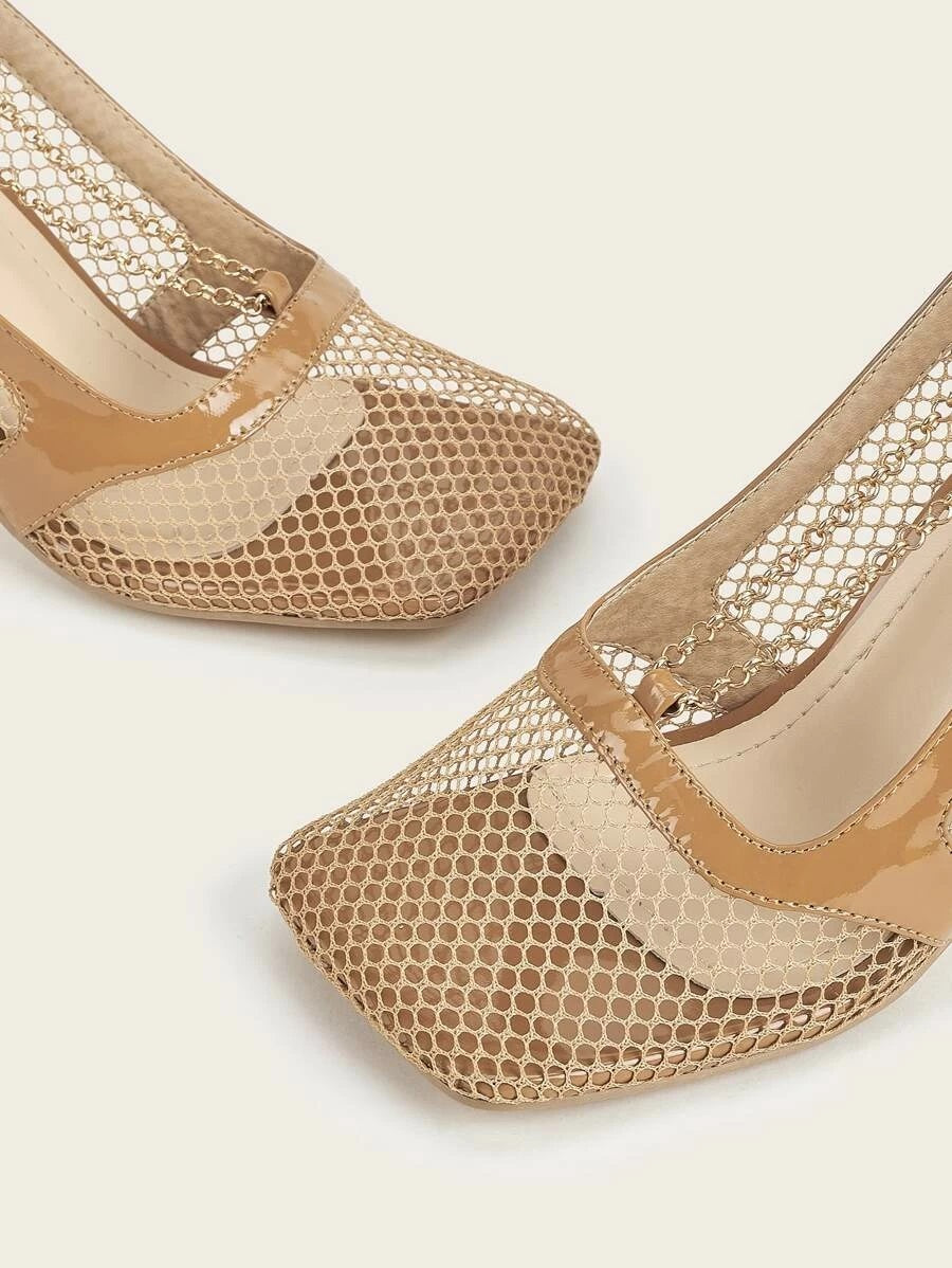 CM-SHS612605 Women Elegant Seoul Style Square Toe Chain Decor Mesh Pumps - Apricot