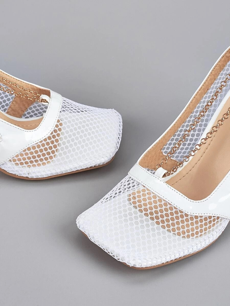 CM-SHS612495 Women Elegant Seoul Style Square Toe Chain Decor Mesh Pumps - White