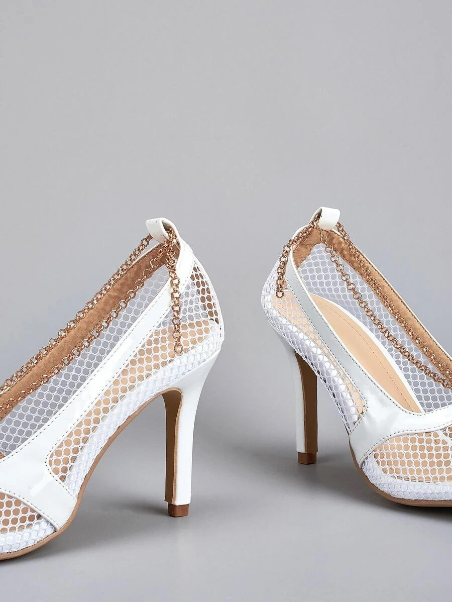 CM-SHS612495 Women Elegant Seoul Style Square Toe Chain Decor Mesh Pumps - White