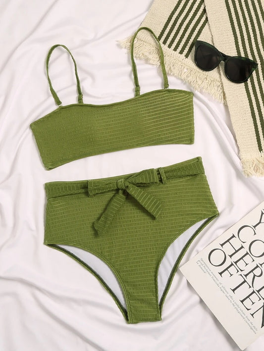 CM-SWS611620 Women Trendy Seoul Style Textured Knot Front High Waisted Bikini Swimsuit - Green