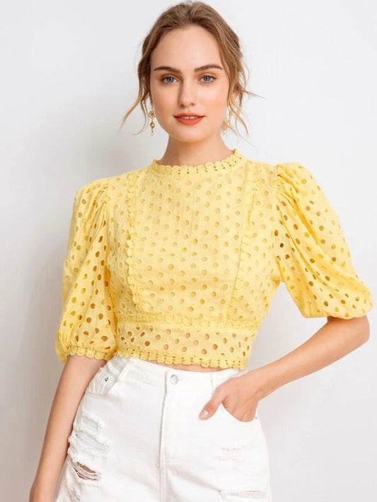 CM-TS521398 Women Casual Seoul Style Guipure Lace Trim Puff Sleeve Schiffy Crop Top