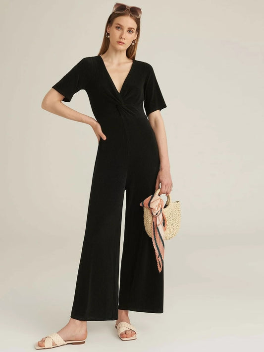 CM-JS508685 Women Elegant Seoul Style Short Sleeve V-Neck Twist Front Rib-Knit Palazzo Jumpsuit