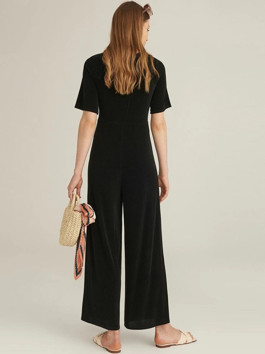 CM-JS508685 Women Elegant Seoul Style Short Sleeve V-Neck Twist Front Rib-Knit Palazzo Jumpsuit