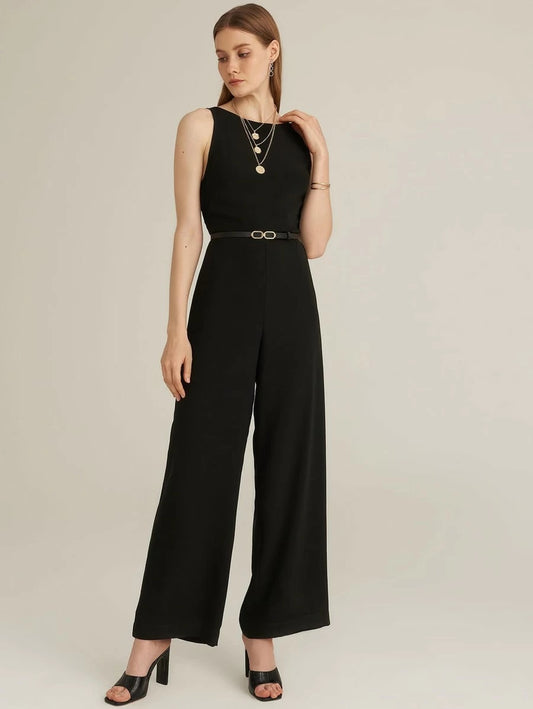 CM-JS504168 Women Elegant Seoul Style Ruffle Back Wide Leg Sleeveless Jumpsuit - Black