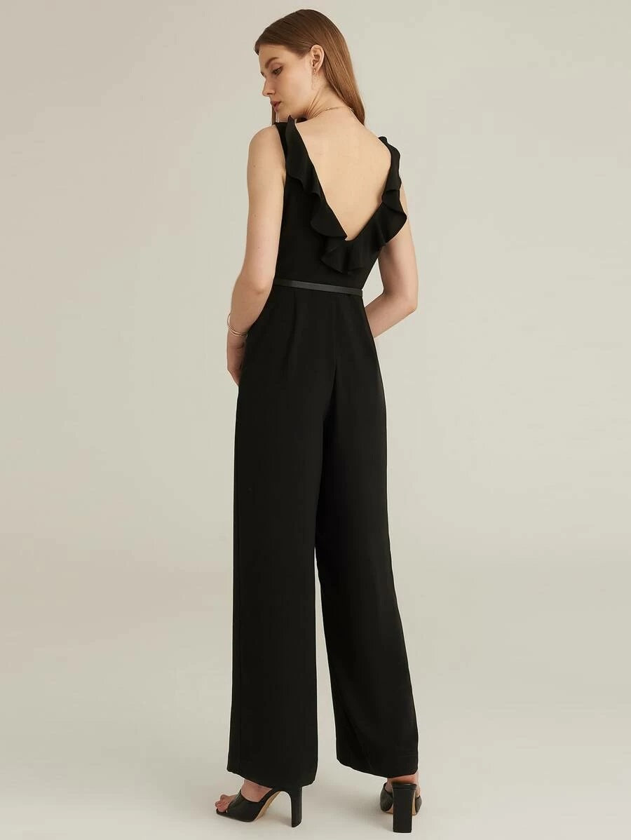 CM-JS504168 Women Elegant Seoul Style Ruffle Back Wide Leg Sleeveless Jumpsuit - Black