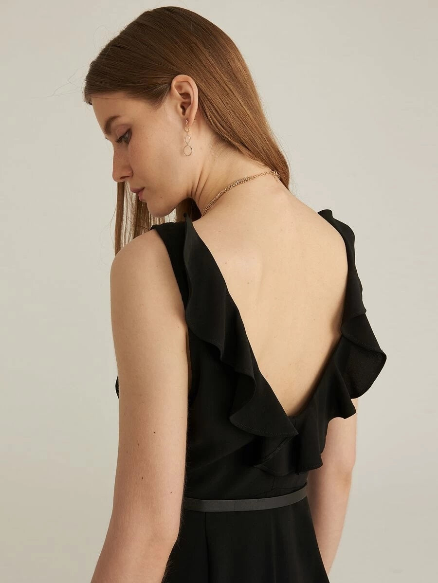 CM-JS504168 Women Elegant Seoul Style Ruffle Back Wide Leg Sleeveless Jumpsuit - Black