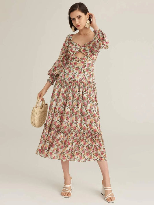 CM-ES522761 Women Trendy Bohemian Style Flowing Puffed Sleeve Floral A-Line Dress
