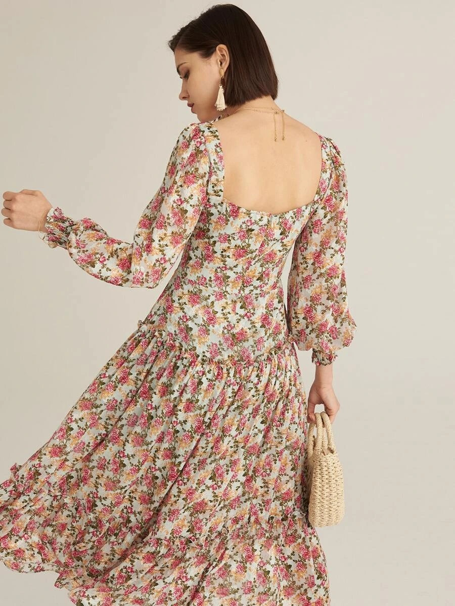 CM-ES522761 Women Trendy Bohemian Style Flowing Puffed Sleeve Floral A-Line Dress