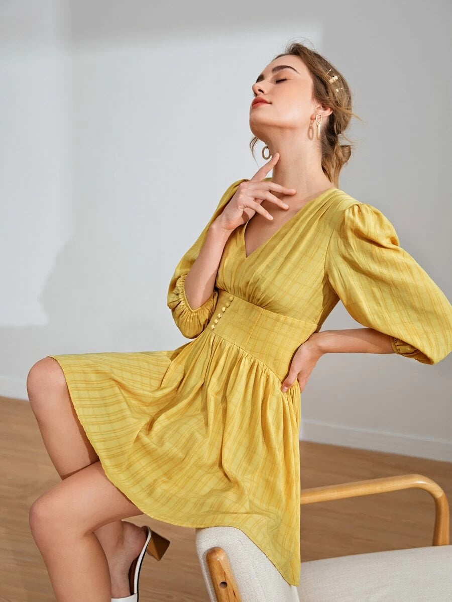 CM-DS609593 Women Casual Seoul Style V-Neck Button Front Bishop Sleeve Dress - Yellow