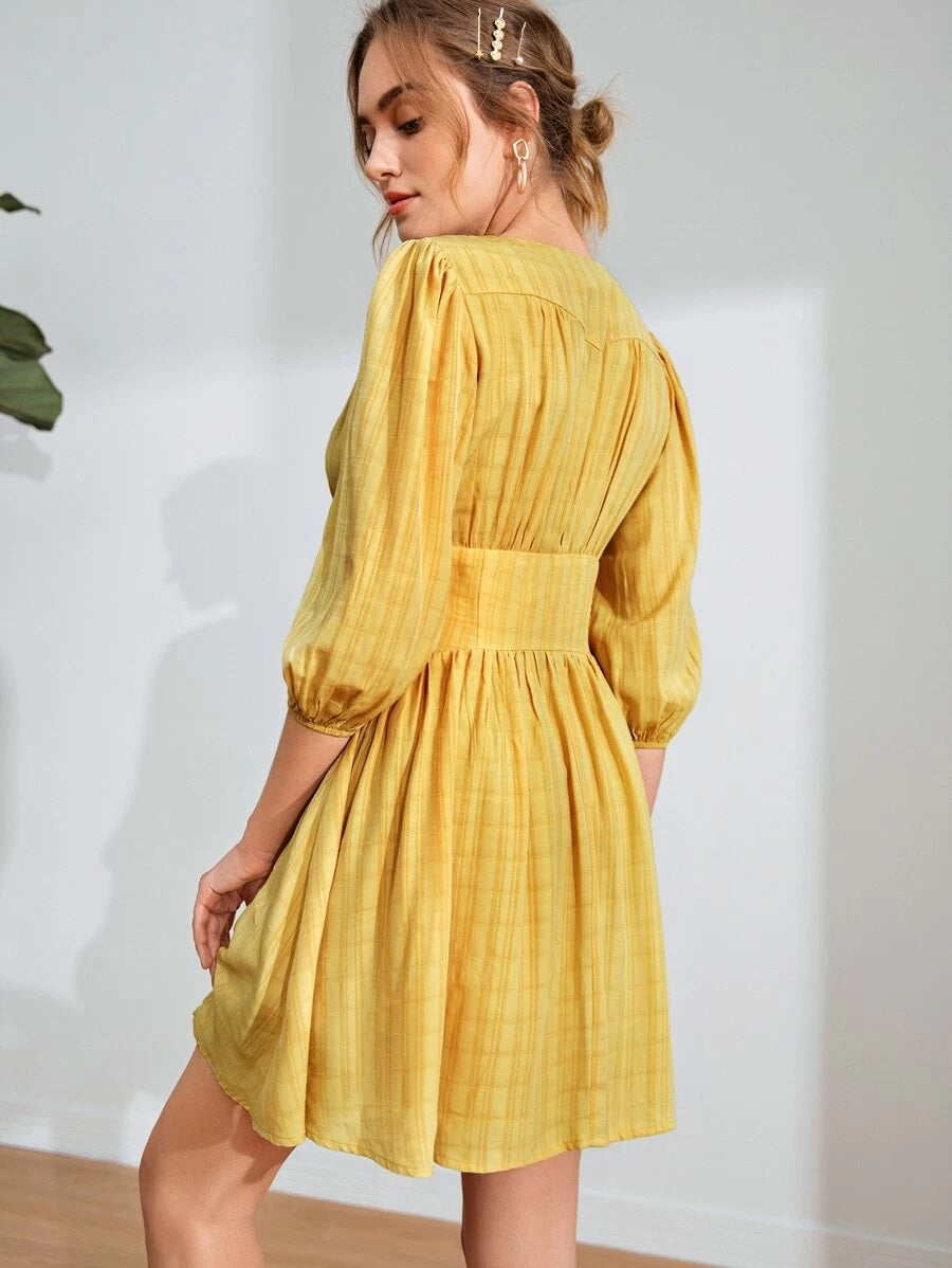 CM-DS609593 Women Casual Seoul Style V-Neck Button Front Bishop Sleeve Dress - Yellow
