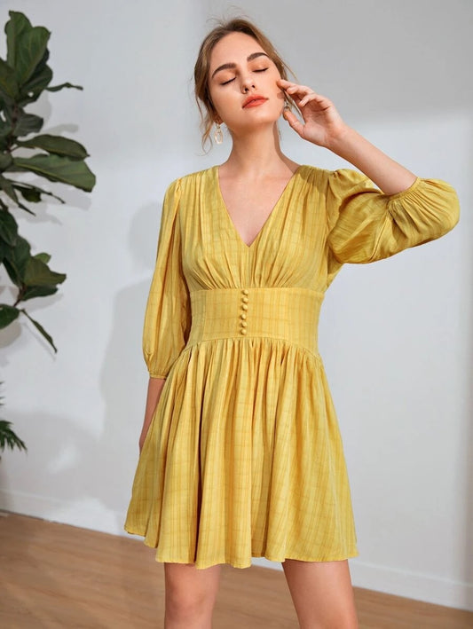 CM-DS609593 Women Casual Seoul Style V-Neck Button Front Bishop Sleeve Dress - Yellow