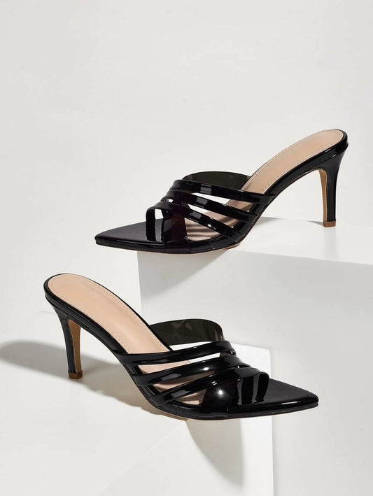 CM-SHS615382 Women Elegant Seoul Style Cross Strap Patent Stiletto Heeled Sandal Mules