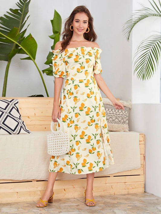 CM-DS615529 Women Casual Seoul Style Off The Shoulder Orange Print Ruffle Trim Bardot Dress