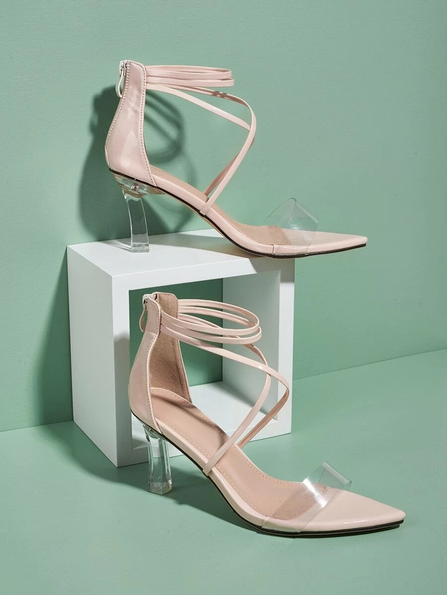 CM-SHS615214 Women Elegant Seoul Style Clear Ankle Strap Heeled Sandals - Apricot