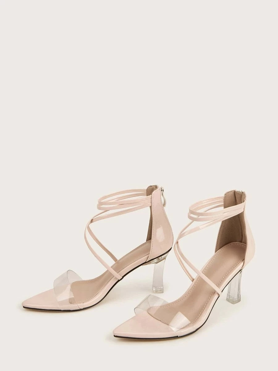 CM-SHS615214 Women Elegant Seoul Style Clear Ankle Strap Heeled Sandals - Apricot