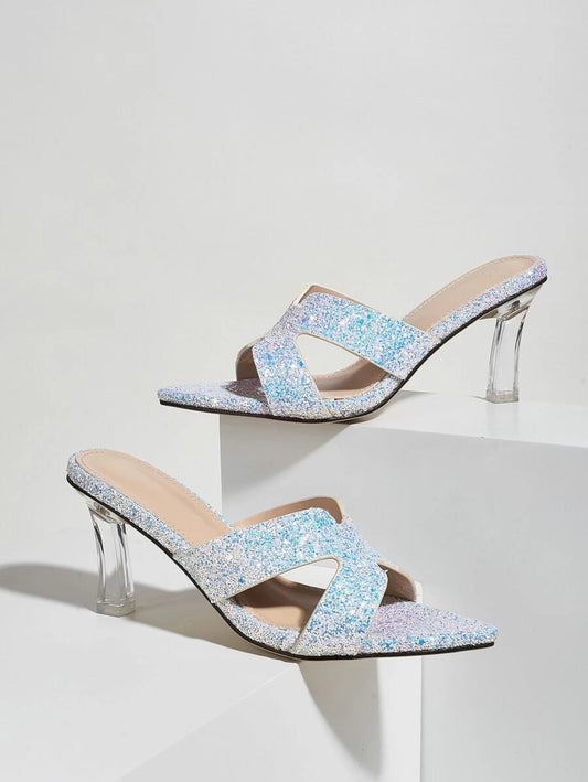 CM-SHS615399 Women Elegant Seoul Style Allover Glitter Decor Heeled Sandal Mules - Blue