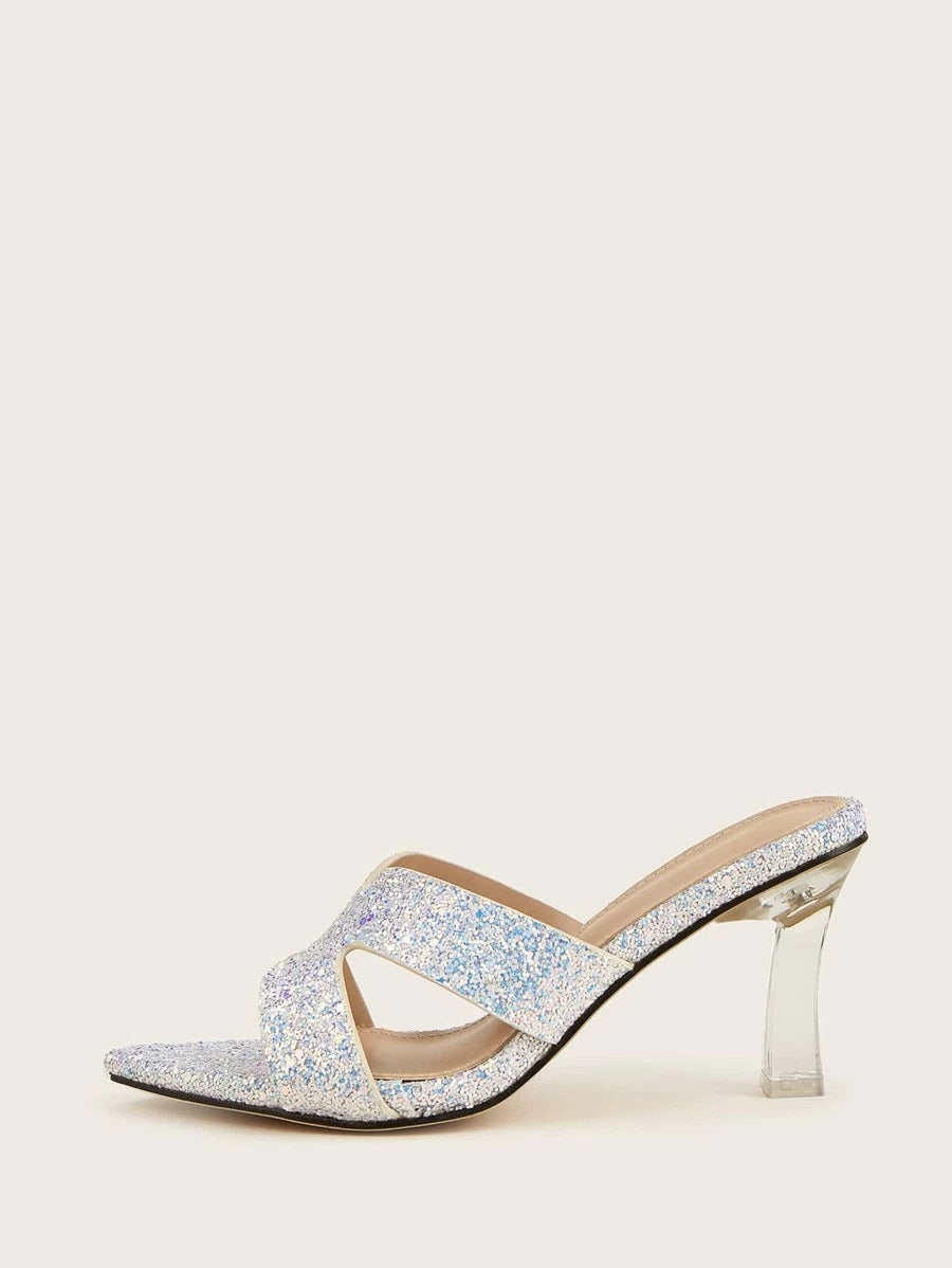CM-SHS615399 Women Elegant Seoul Style Allover Glitter Decor Heeled Sandal Mules - Blue