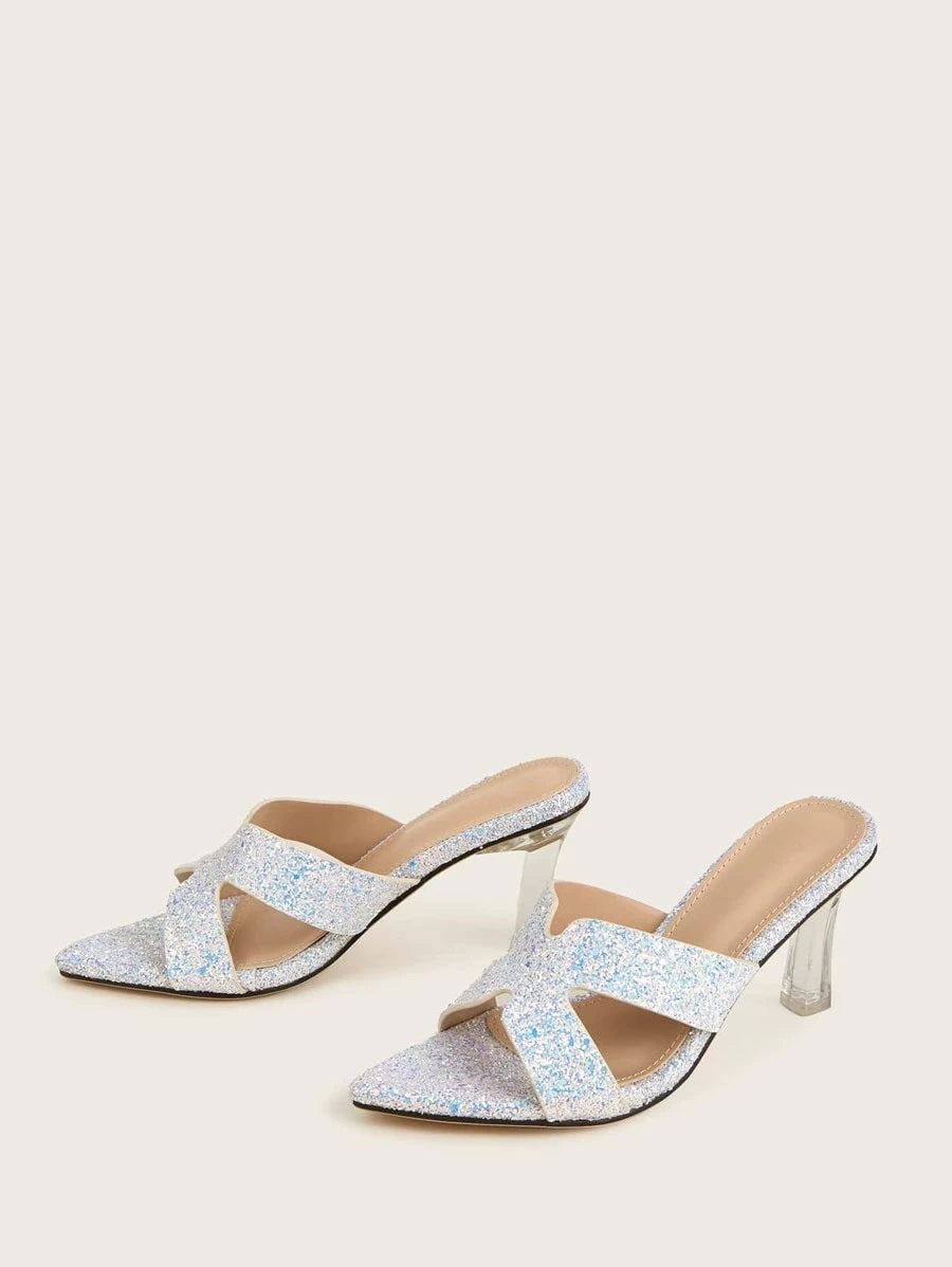 CM-SHS615399 Women Elegant Seoul Style Allover Glitter Decor Heeled Sandal Mules - Blue