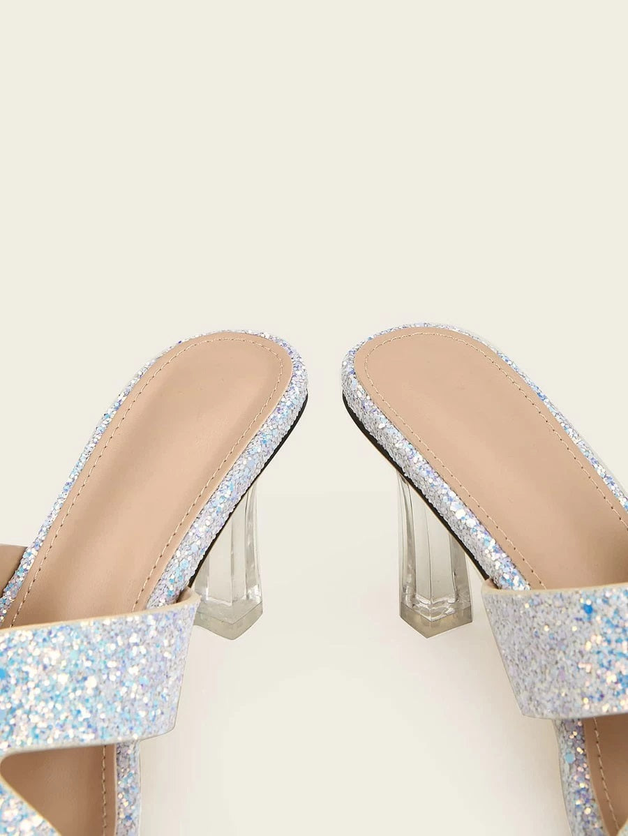 CM-SHS615399 Women Elegant Seoul Style Allover Glitter Decor Heeled Sandal Mules - Blue