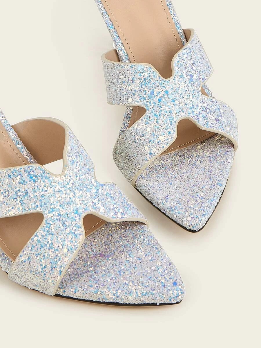 CM-SHS615399 Women Elegant Seoul Style Allover Glitter Decor Heeled Sandal Mules - Blue