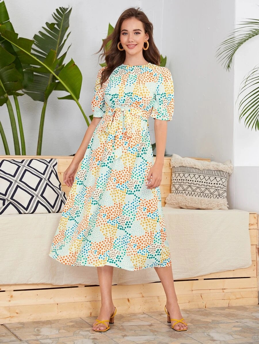 CM-DS615290 Women Elegant European Style Round Neck Short Sleeve Polka Dot Self Tie Dress