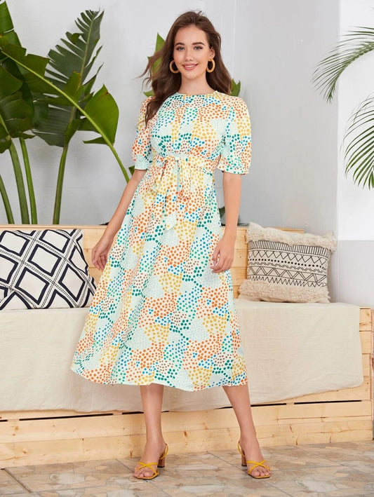CM-DS615290 Women Elegant European Style Round Neck Short Sleeve Polka Dot Self Tie Dress